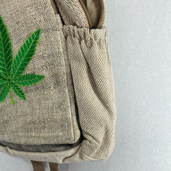 New! Winkin Sun Hemp Co. Tan and Green Hemp Backpack with Marijuana Leaf Design - Picture 6 of 10